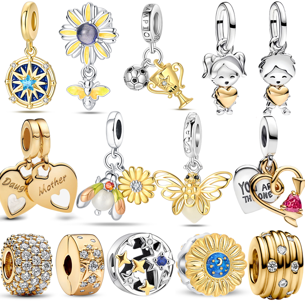 Luxury 925 Sterling Silver Double Golden Heart Split Charm Fit Original Bracelet Cute Boy Girl Pendant for Charm Fine Jewelry