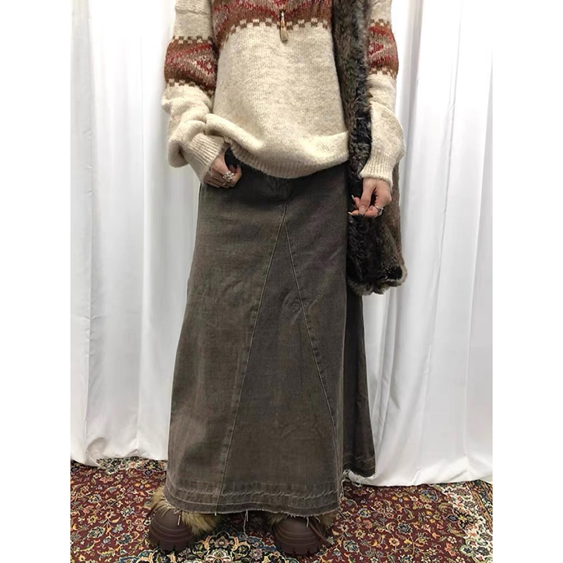 Spring Camel Vintage 2000s Jean Skirt Fashion Women'S Denim Long Skirts Women Y2K Aesthetic Midi Skirt Harajuku Casual Korean