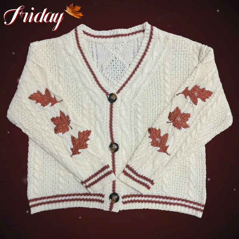 Autumn Leaves Cardigan Women Beige Knitted Cardigans with Red Maple Leaf Embroidery Folklore Girl Oversized Sweaters Tops Y2k