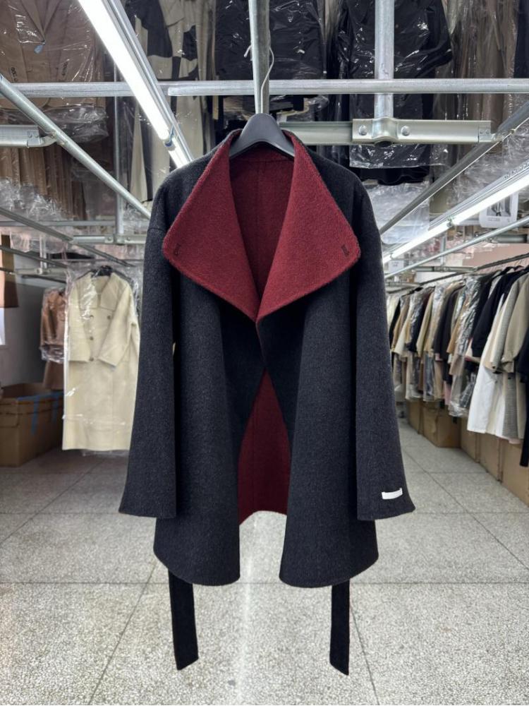 Color-Block Stand Collar Short Office Lady Woolen Jackets 2024 Autumn And Winter Loose Lace-Up Simple Women's Wool Coats