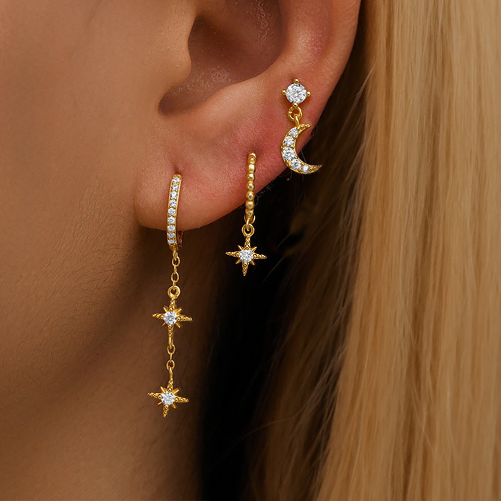 3PCS Set New Star Moon Cartilage Piercing Earrings Cubic Zirconia Stainless Steel Pendant Chain Hoop Earring Piercing Jewelry
