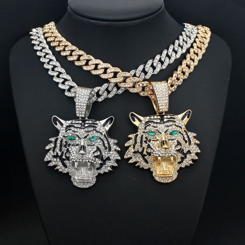 Hip Hop Big 3D Tiger Pendant Necklace Crystal Cuban Chain HipHop Iced Out Bling Necklaces Men Women Fashion Charm Jewelry