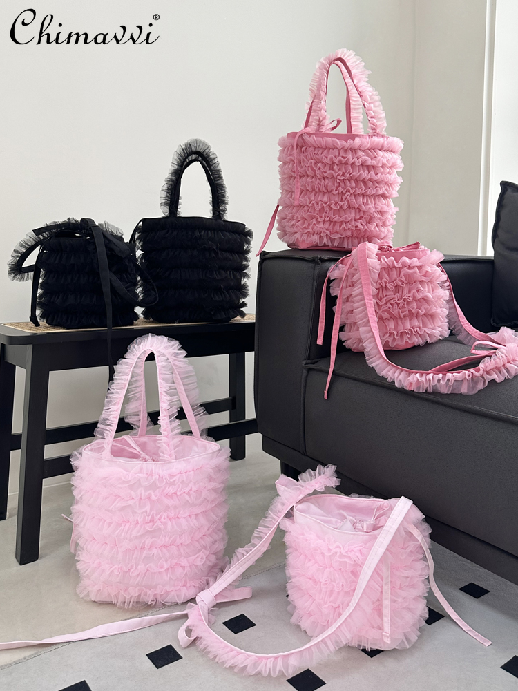 Sweet Grils Solid Color Casual Handbag Female Elegant Mesh Bucket Bag Autumn New Cute Simple Women's Handbags Cosmetic Bag