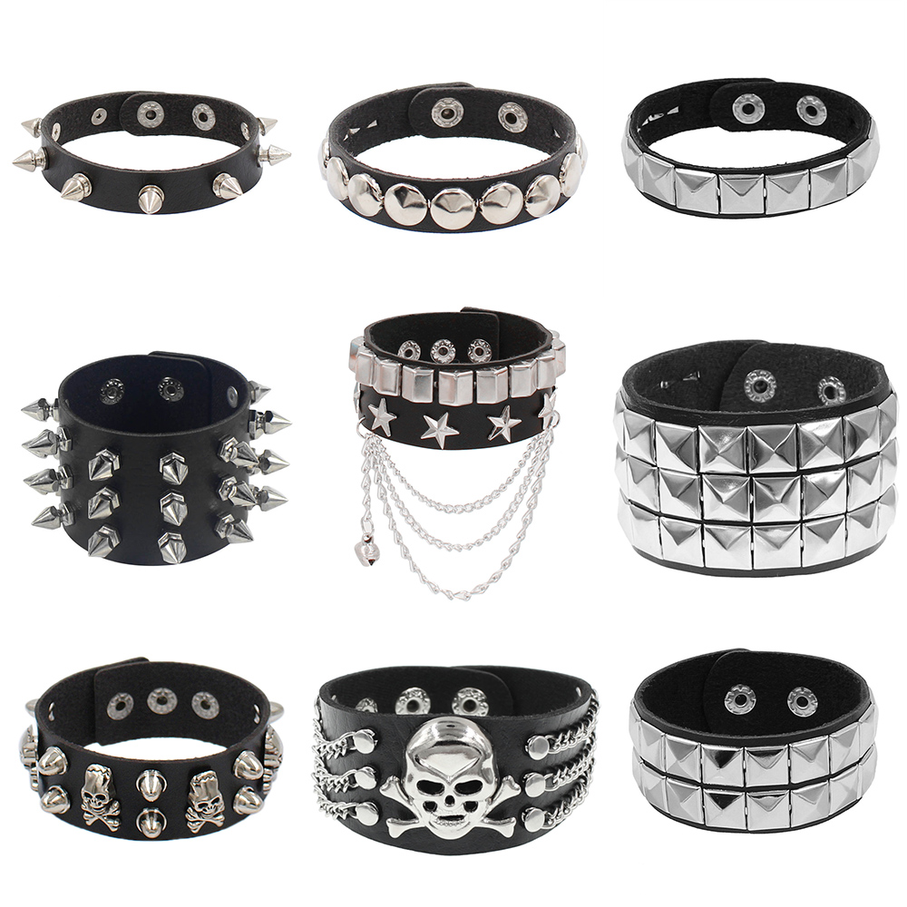 2024 PU Leather Punk Bracelet Bracelet 90s Skull Goth Cuff Bracelet Gothic Rivet Buckle Wristband for Men Women Bangle Jewelry