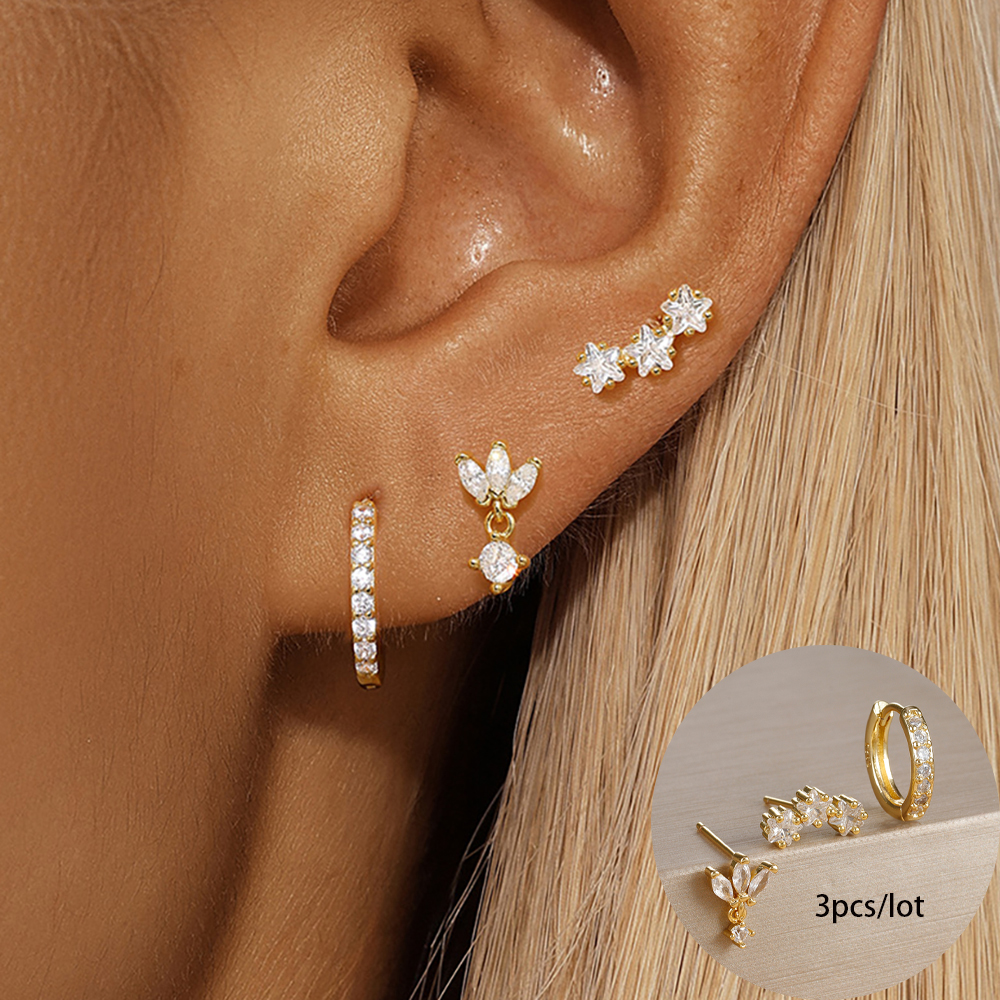 3PCS New Stainless Steel Gold Color Star Hoop Earrings Set for Women 18K Gold Plated Round Zircon Stud Earring Piercing Jewelry