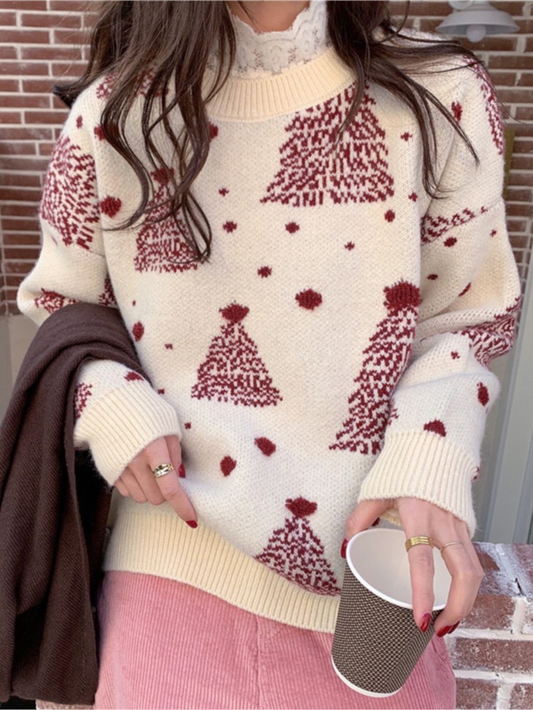 2024 New Autumn Winter Ugly Christmas Knitted Sweater Women Fashion Snowflake Print Loose O-neck Long Sleeve Pullovers Jumper