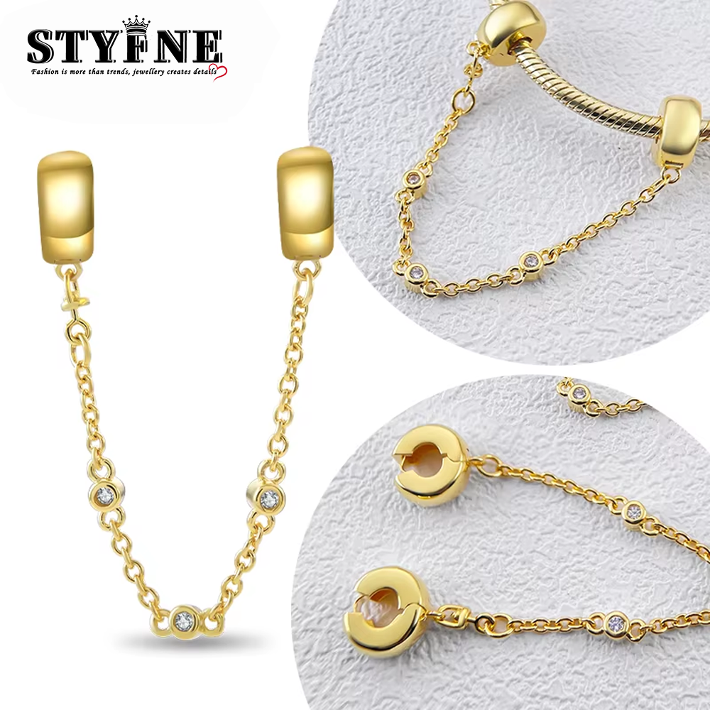 925 Sterling Silver Gold Safety Chain Pendant Fit Bracelet Sparkling Charms Silver 925 Original Bracelet for Jewelry Making