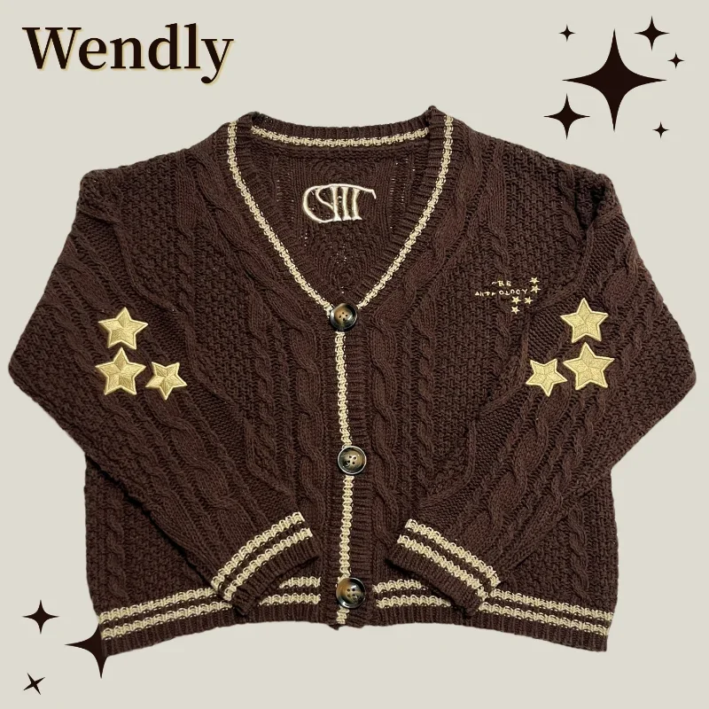 Letter Embroidered Cardigan WomenV-neck Dark Brown Knitted Cardigan with Star Female Autumn Winter Long Sleeve Sweaters Tops Y2k