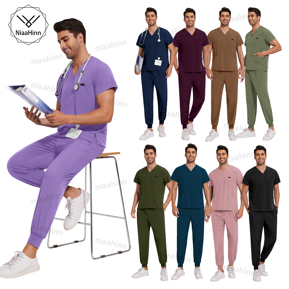 Mens Scrubs Nurses Accessories for Hospital Short Sleeved Top Scrub Joggers Suit Surgical Gown Breathable Work Wear Women Scrubs