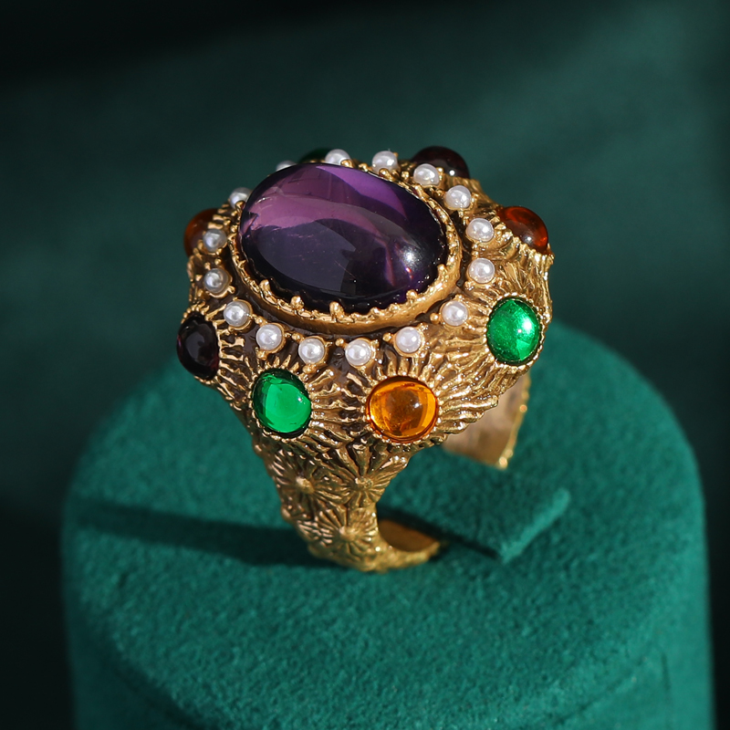 18K Gold-Plated Vintage Baroque Oval Ring - Crystal & Pearl Cluster Decorative Ring for Women Formal Occasions Jewelry Gift