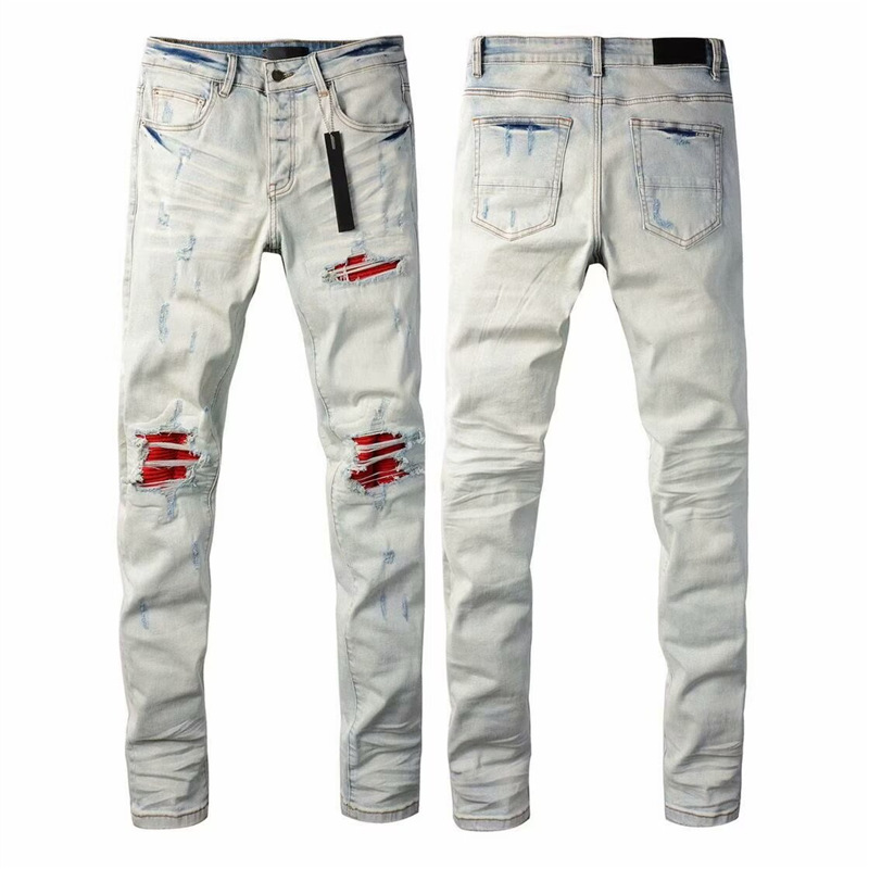 AM Jeans Designer Jeans Men's Jeans High Stretch Skinny Pants Color Distressed Black Streetwear Button Ripped Brand Hip Hop High Street Jeans 6