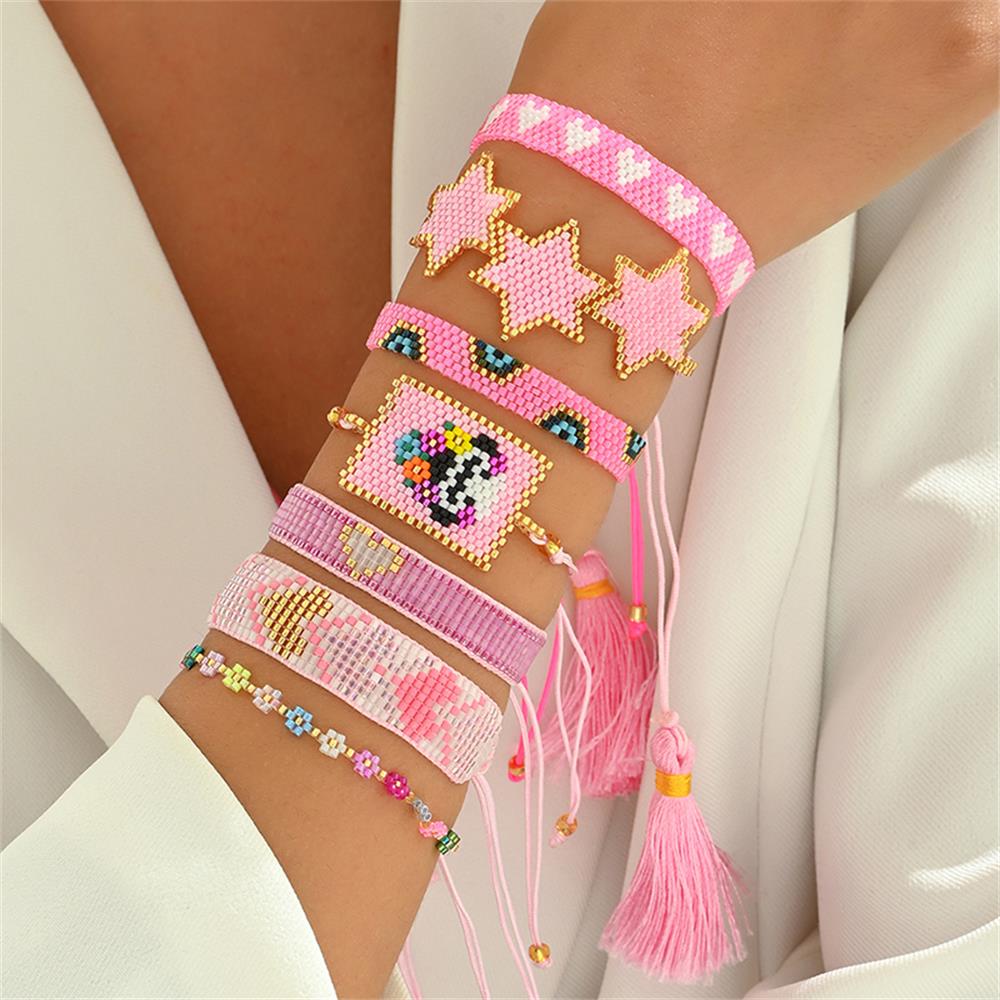 ZHONGVI Boho Ethnic Woven Miyuki Beads Bracelets Set For Women Handmade Rope Charm Pink Bracelet Friend Gift Jewelry