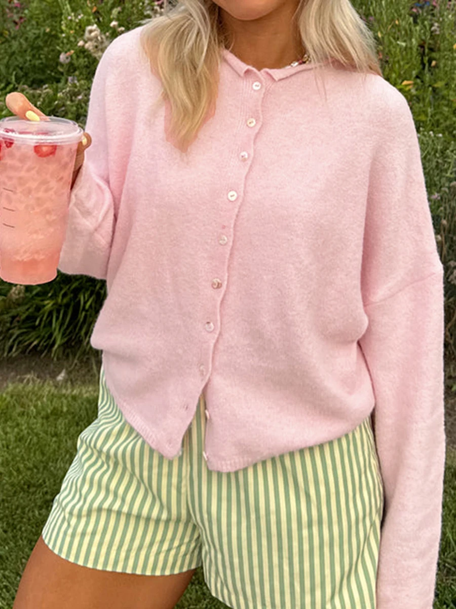 Women's Solid Color Knit Cardigan Autumn Spring Cozy Fuzzy Long Sleeve Button-front Closure Sweaters Female Casual Knitwear Y2K