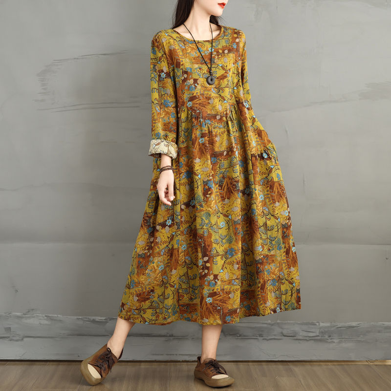 Long-sleeved Women New Chinese Spring Plus Size Women Clothing Spring and Autumn Chinese Style Cotton and Linen Long Dresses