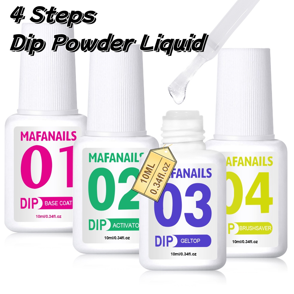 10ml 4 Steps Dip Powder Liquid Set with Activator Base Top Coat and Dipping Powder Brush Saver for Dip Powder Acrylic-Nail Kit