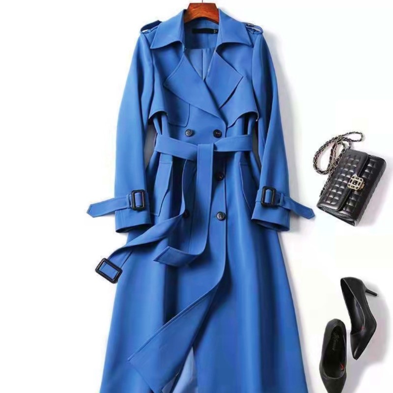 Women's Trench Coat 2024 Autumn Korean Long Jacket with Belt Solid Double-breasted British Style Khaki Coat For Women Red Blue