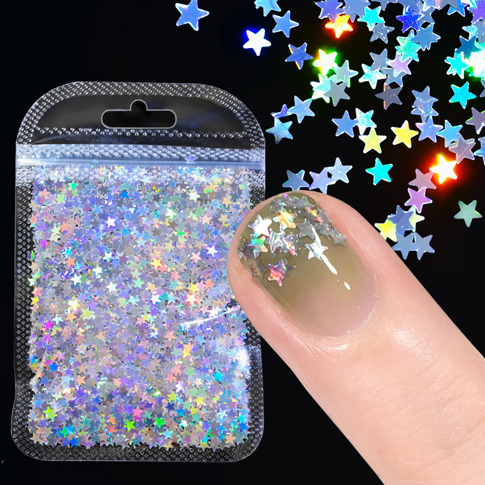 10g Laser Silver Star Nail Glitter Sequins 3D Holographic Stars Butterfly Sparkle Flakes DIY Body Eye Bling Manicure Party Parts