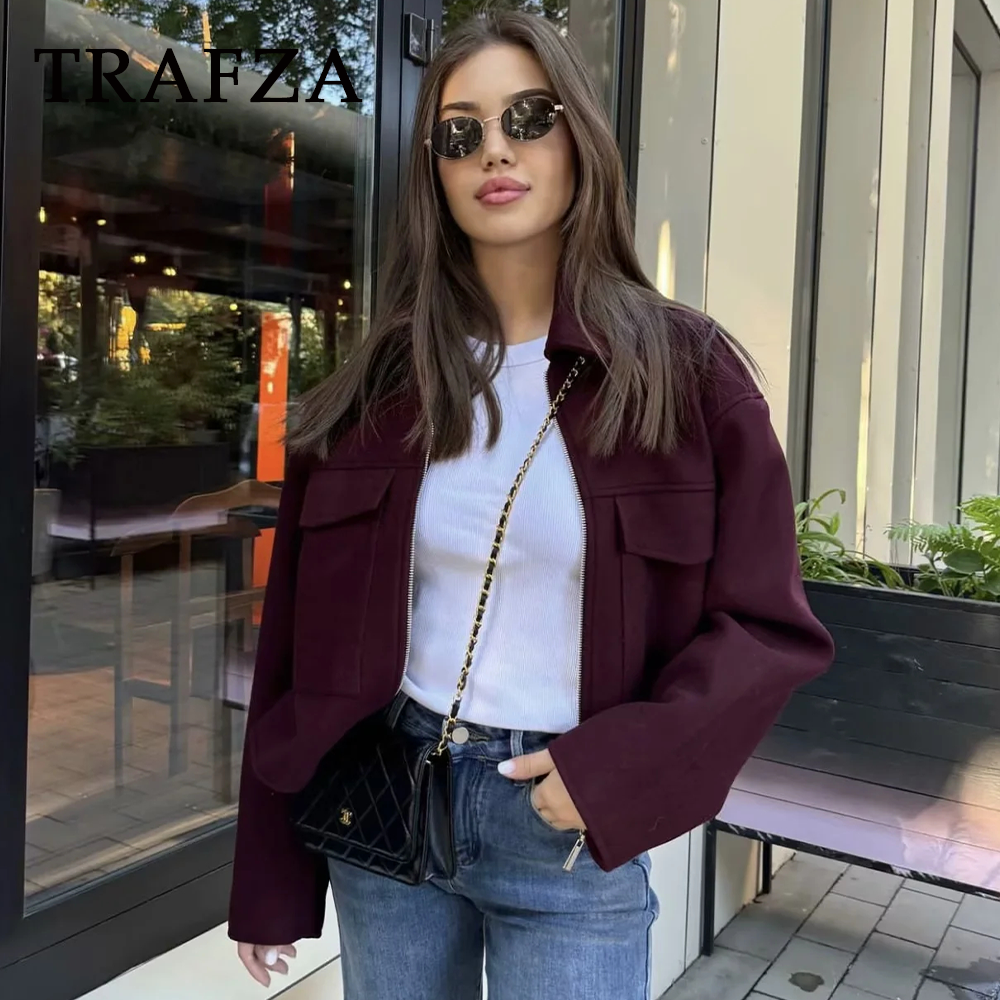 TRAFZA 2024 Autumn Winter Casual Women Wine Red Jackets Fashion Streetwear Zipper Pockets Turn Down Collar Chic Ladies Jackets