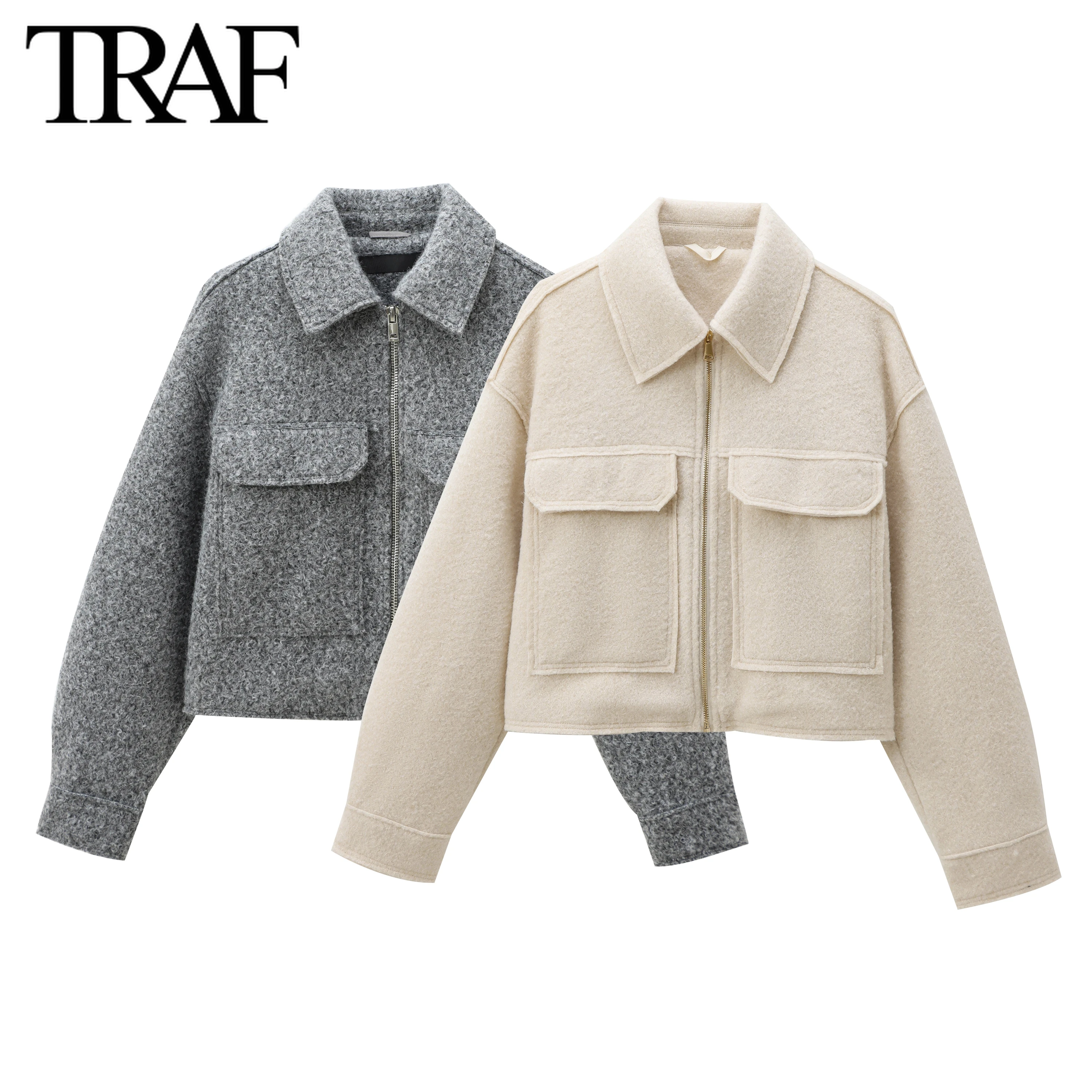 TRAF Women Fashion Autumn Winter 2024 New wool blend warm Jacket chic Lapel Long Sleeved Zip Flip Pocket Short Coats