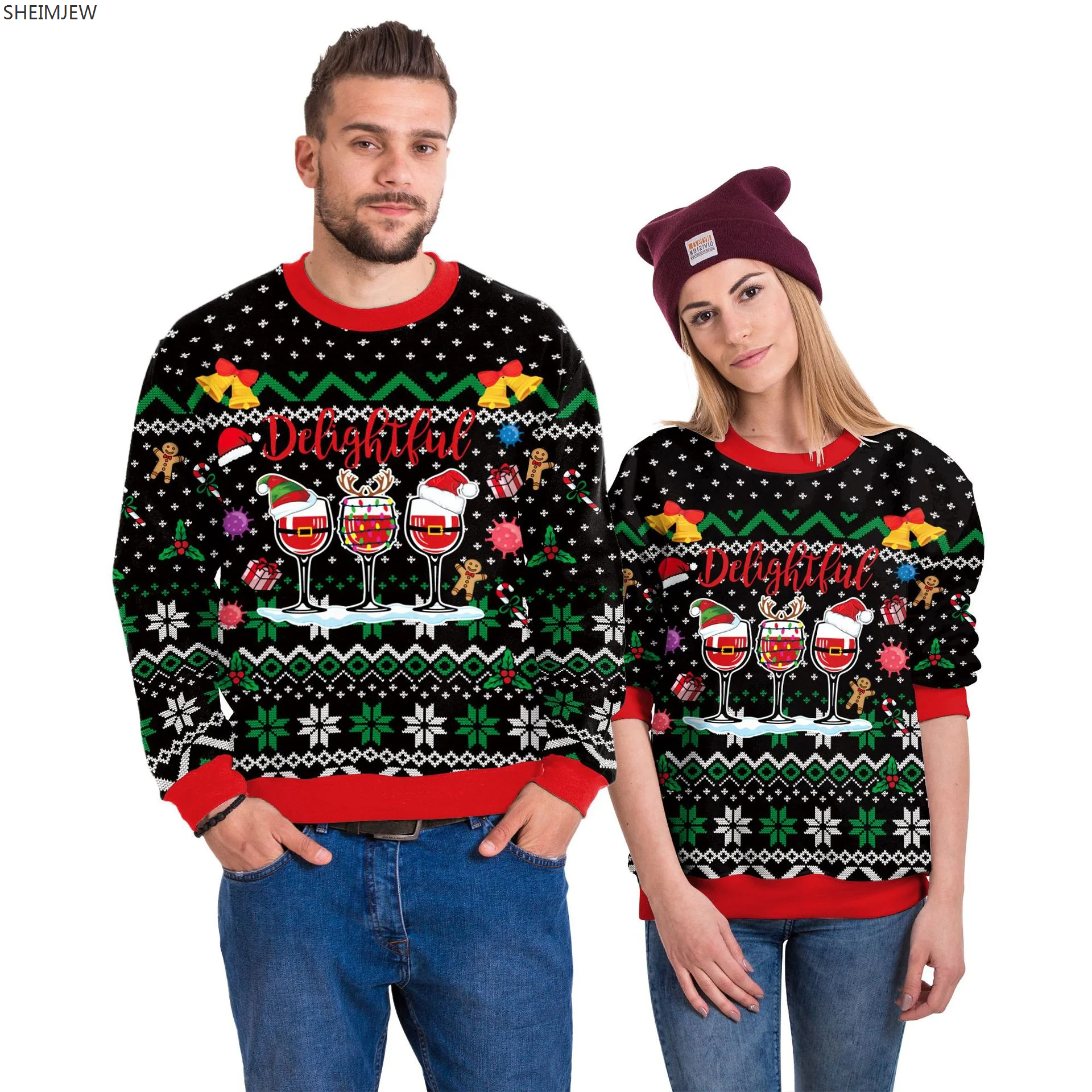 3D Digital Printing Christmas Sweater Loose Long-sleeved Round Neck Sweater Christmas Clothing Couples Wear New