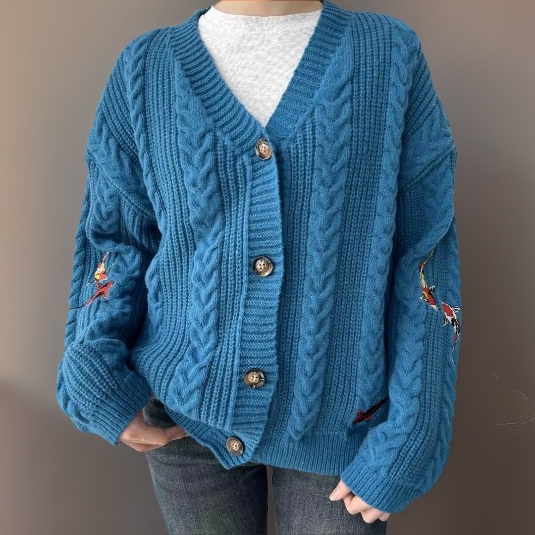 Blue Koi Cardigan Women Winter Vintage V-neck Knitwear Women Thick High-quality Comfortable Soft Loose Embroidered Sweater Fall