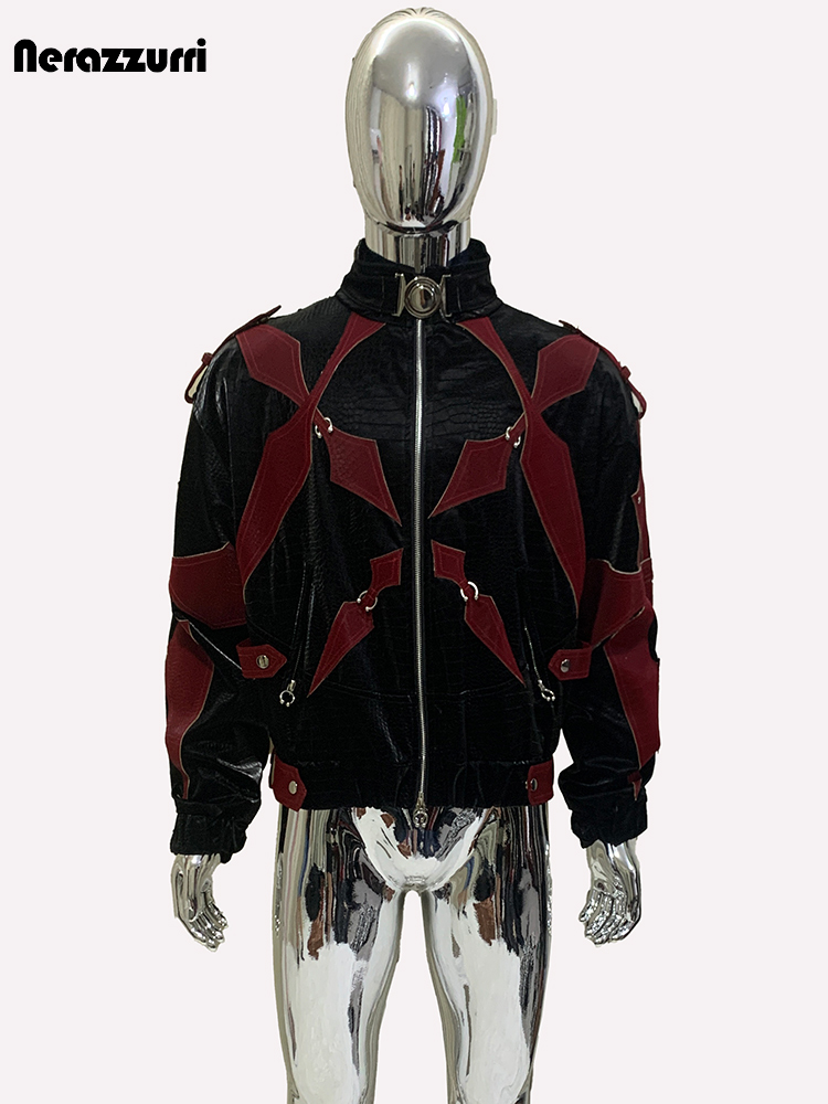 Mauroicardi Autumn Short Crocodile Print Patchwork Pu Leather Jacket Men Stand Collar Zipper Color Block Runway European Fashion