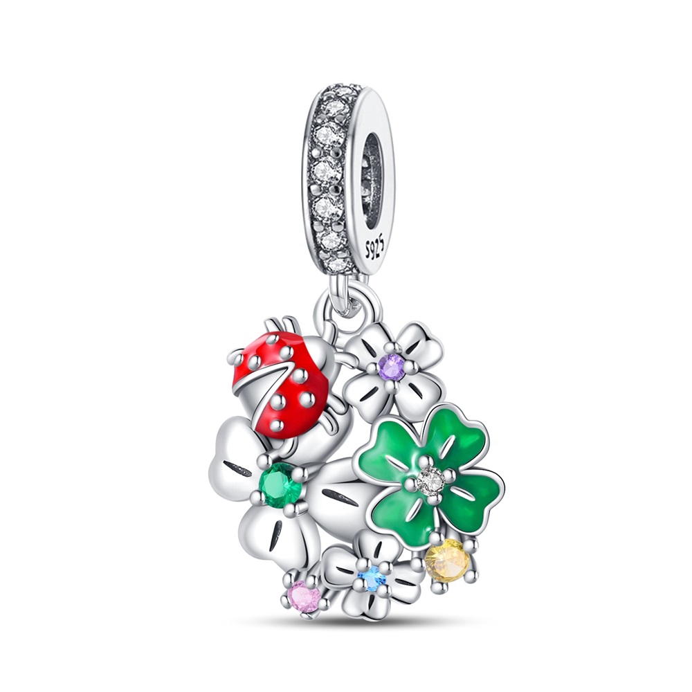 Gorgeous 925 Sterling Silver Lucky Green Clover Ladybug Charm Fit DlY Bracelet Necklaces Women's Birthday Jewelry Accessories