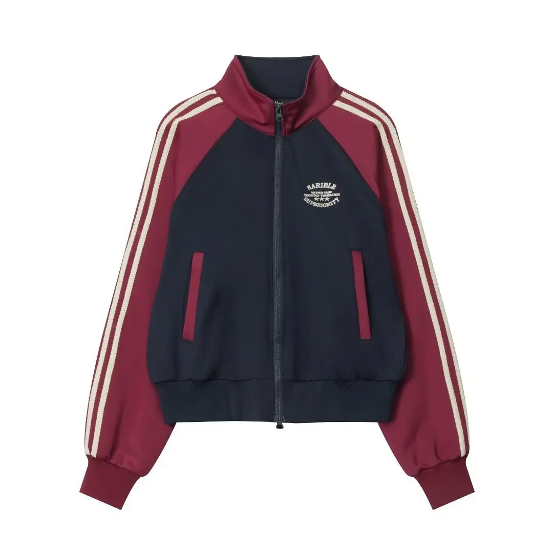 Style Color Block Cropped Cardigan Sweatshirt Women's Spring Autumn Trendy Brand Half Polo/turtle Neck Striped Sleeve Jacket