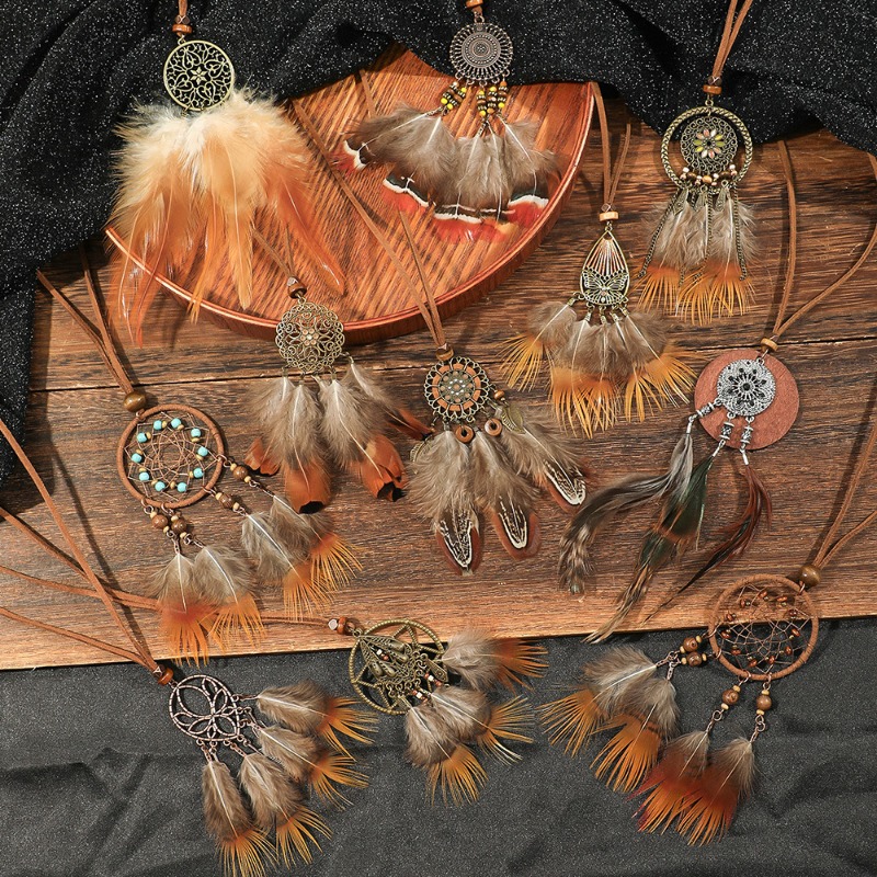 Classic Geometry Pendant Necklaces Sweater Chain Dreamcatcher Handmade Braided Brown Feather Necklace Boho Jewelry for Women