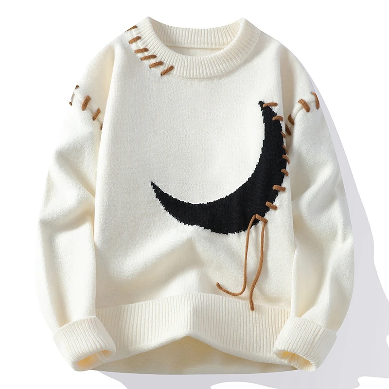 2024 Korean New Winter O-Neck Sweater Mens Fashion Soft Knit Jumper Fashion Hip Hop Moon Thick Men Printed Sweaters Pulloner