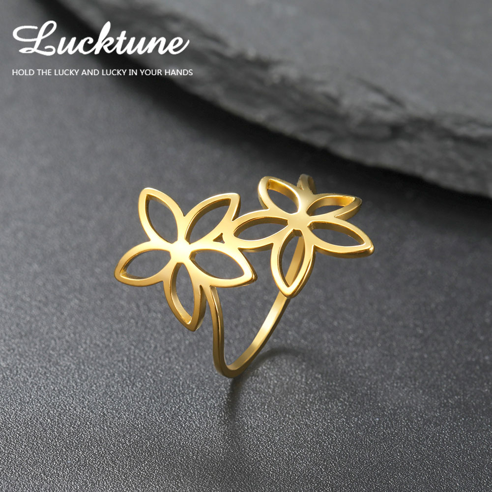 Lucktune Elegant Flower Ring Gold Color Double Flower Rings for Women Girls Stainless Steel Korean Trend Jewelry Wedding Gifts