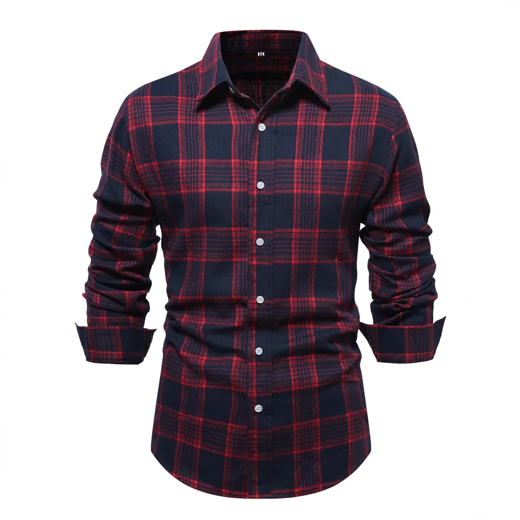Casual Plaid Long Sleeve Men's Shirt Redsanding Business Fashion Outerwear Spring Autumn/Winter Cross-border Supply