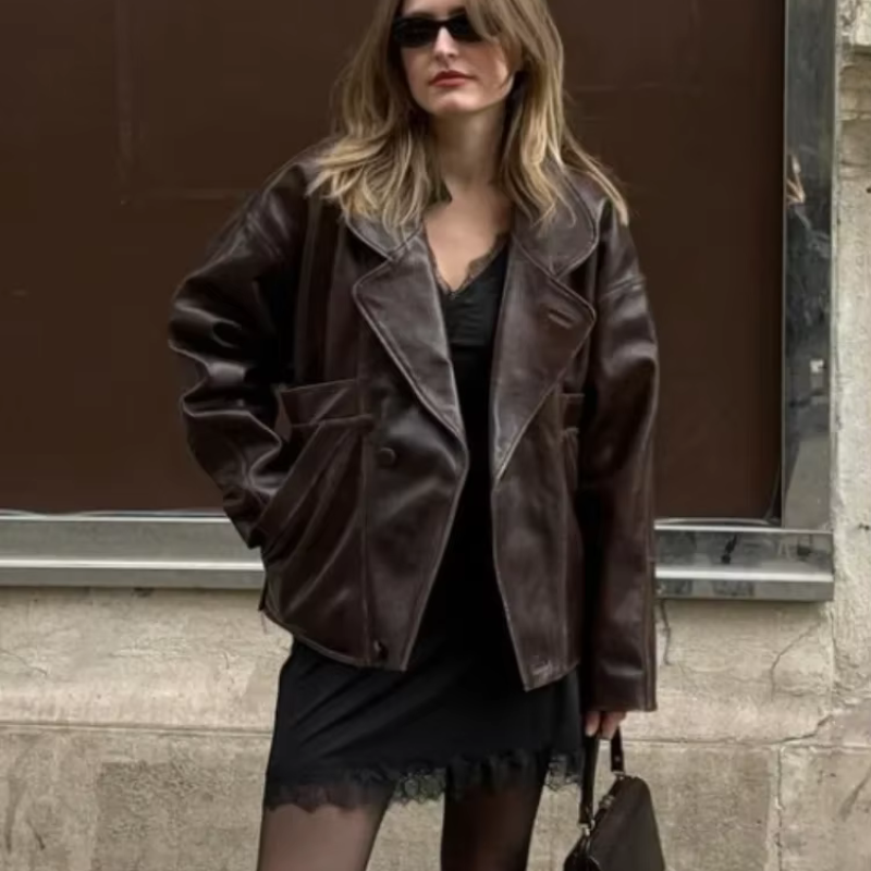 Vintage Burgundy Faux Leather Jackets Long Sleeve Single Breasted Pockets Lapel Coats 2024 Autumn Wwinter New Lady Streetwears