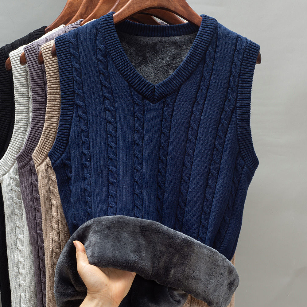Autumn and Winter Thickened Plush Vest for Men Men's Warm Sweater Vest Sleeveless Knitted Wool Coat Sweater