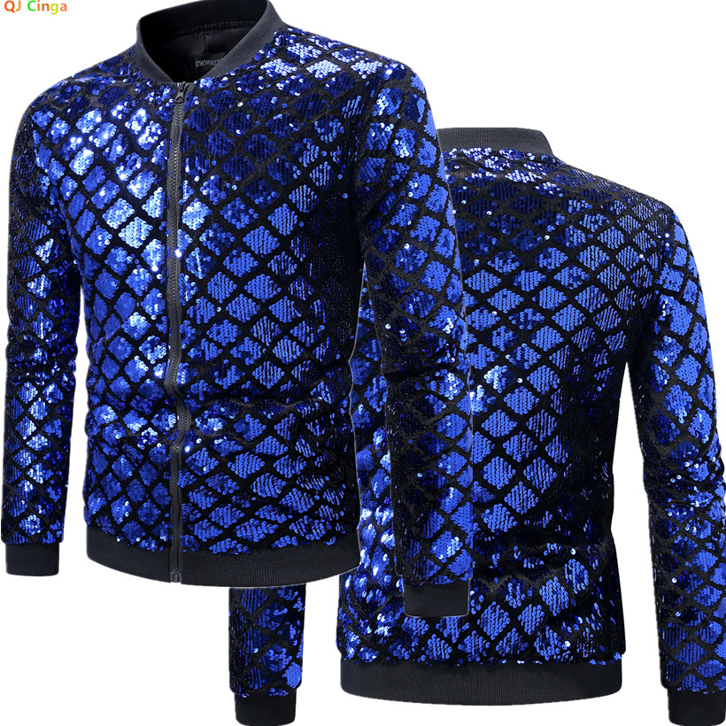 Blue Mens Sequins Long Sleeve Jacket, Baseball Collar Zipper Casual Coats, Stylish Rib Sleeve Tops, European Size S-XXL