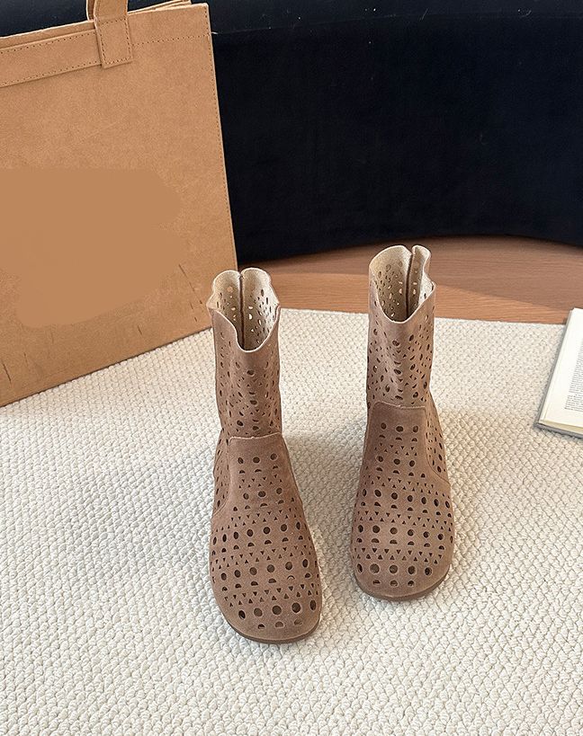 Fashion Stylish Versatile Vintage Women Shoes Leather Short Women Round Toe Boot Hip hop Rock Punk Style Designer Summer Hollow Out Mid Calf Boot Sh