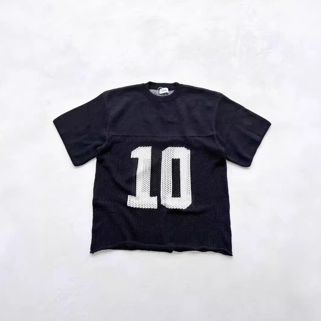 Top Quality OG American Football High Street Letter Jacquard Hollow Splicing Short Sleeve Loose Knitted Sweater