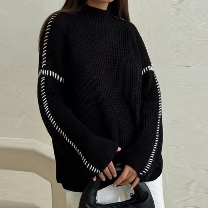 New Autumn Women Elegant O-neck Black White Color Contrast Knitted Sweater Long Sleeve Pollover Winter Patchwork Ladies Outwear