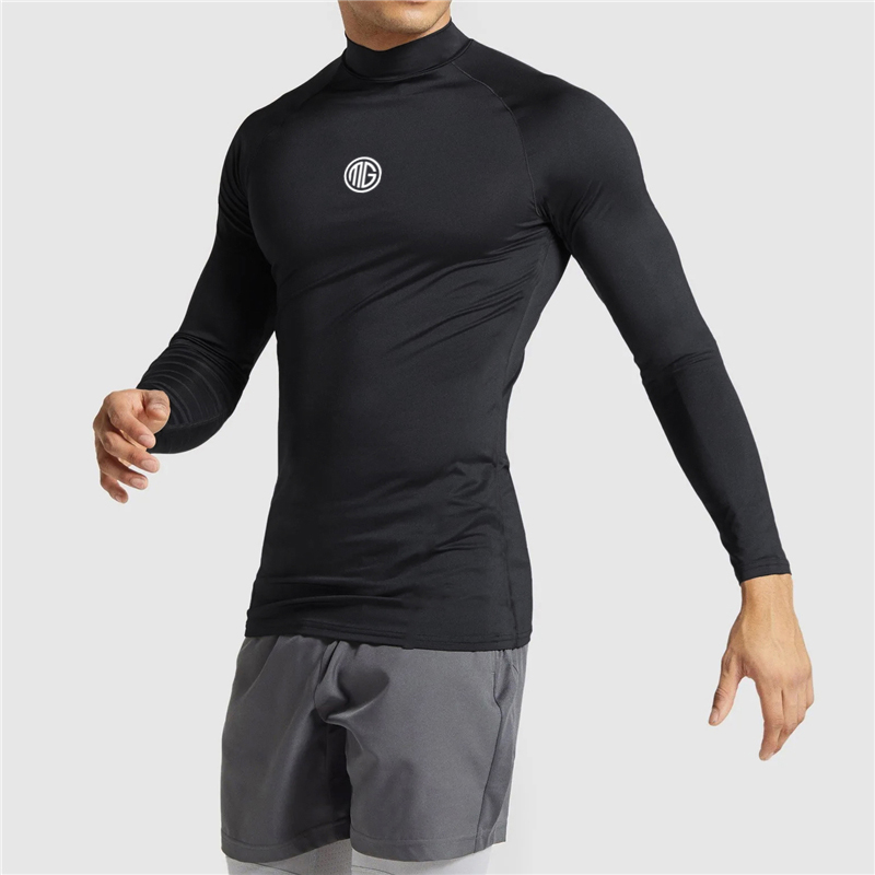 Men's Mock Neck Quick Dry Long-Sleeved Compression Shirt Spring and Autumn Running Fitness Tight T-shirt Casual Sports Tees Tops