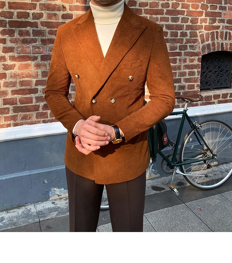 Corduroy Men Suit Blazer Autumn Winter Italian Homme Luxe Slim Fit Double Breasted Groom Coat Jacket Wedding Dinner Prom Tuxed
