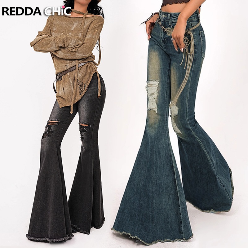 REDDACHiC Ripped Wide Leg Flare Jeans Women Bell Bottoms Vintage Wash Raw Hem Stretch High Waist Bootcut Pants Korean Streetwear