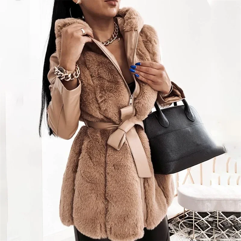 Zip Jacket Outwear Clothing Long Sleeve Fur Jacket Women's Belt Hooded Solid Color Winter Keep Warm Fashion Faux Leather Jackets