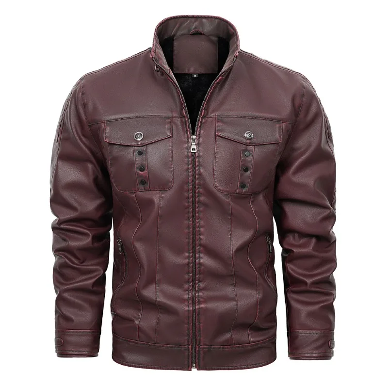 Men's PU Leather Autumn/Winter Jacket Youth Motorcycle Zipper Washed Leather Multi-pocket Burgundy Leather Jacket