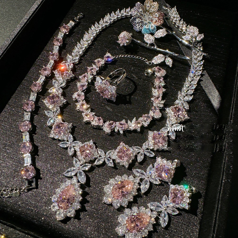 Women Flower Drop Gemstone Necklace 18K Gold Plated Petal Zirconia Bracelet Earrings 2024