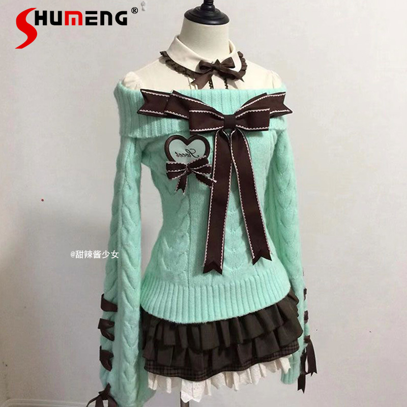 Soft Girl Mint Green Shoulder Bow Knitted Sweater Bottom Shirt Women's Autumn Winter Japanese Lolita Slim-Fit Chic Top Knitwear