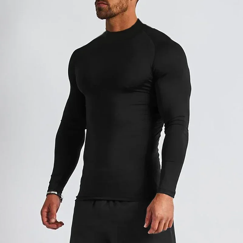 Men's Turtleneck Quick dry Long-Sleeved Compression Long Sleeved Sports Fitness Tight T-shirt Running Casual Spring and Autumn