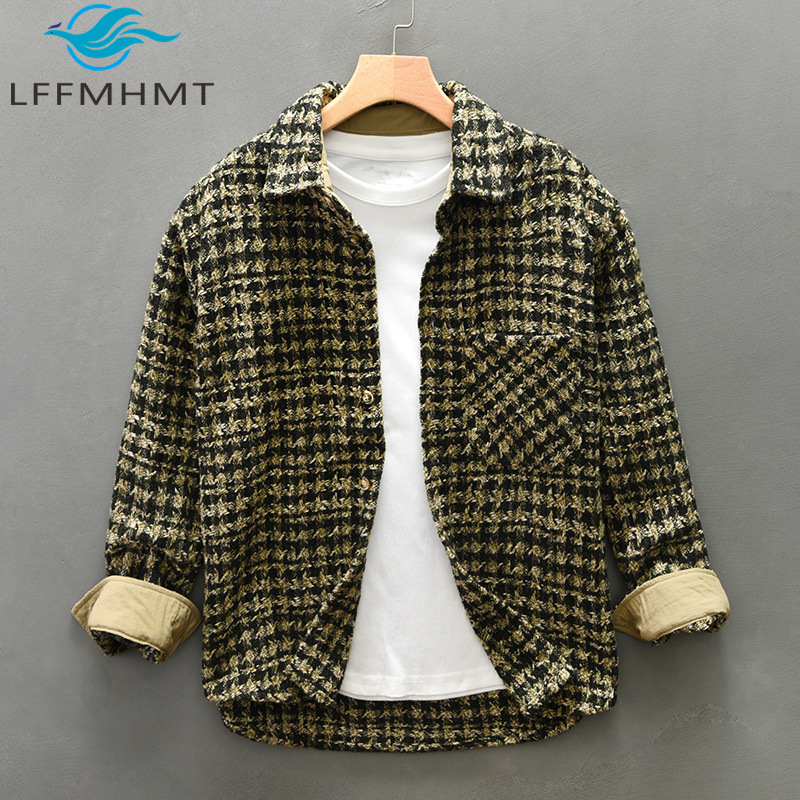 Z258 Autumn Fashion Houndstooth Texture Vintage Coat for Men Japan Style Good Quality Thicken Long Sleeve Premium Jacket Male