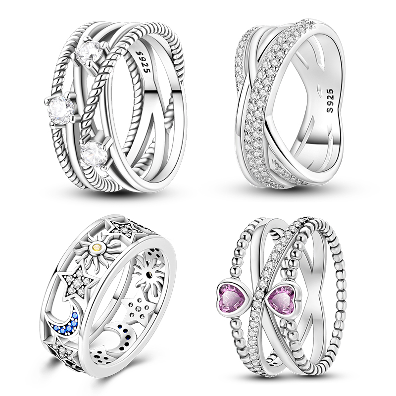 New 925 Sterling Silver Ring Pink Heart Blue Sun Star Moon Crossover Wide Rings For Women Party Birthday Jewelry Silver Gift