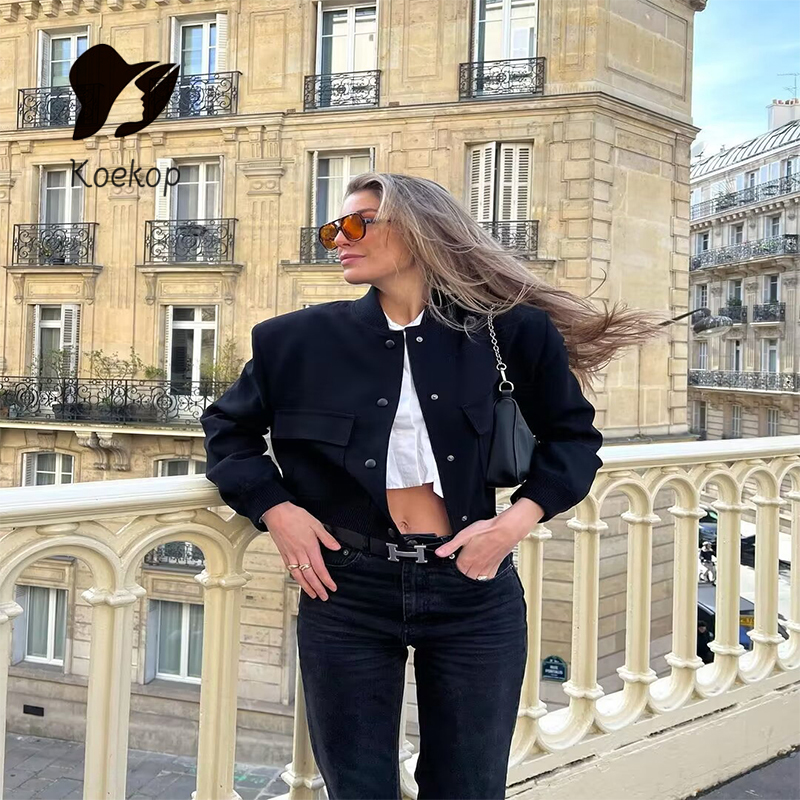 Koekop Aviator Cropped Jacket for Women Long Sleeve Crop Outerwear Woman Bomber Jacket Coat White Autumn Winter Button Baseball