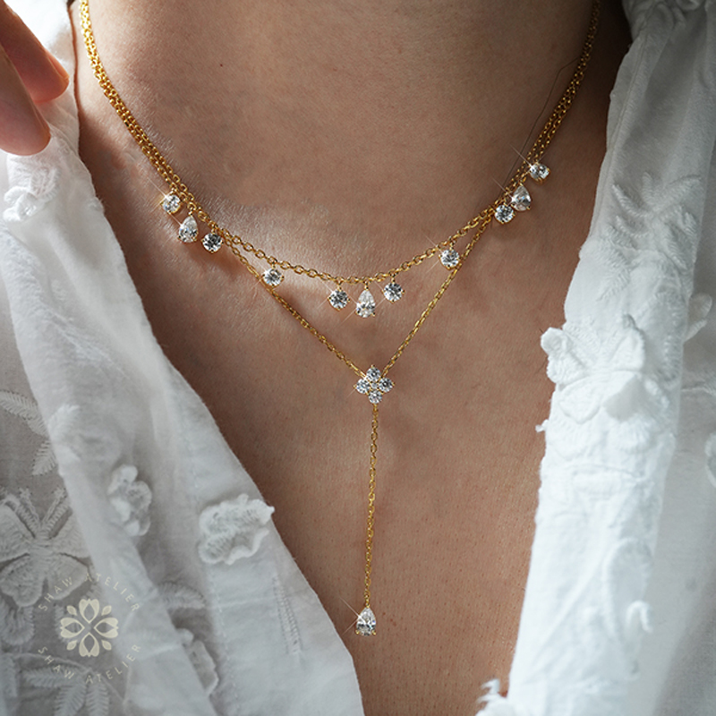New S925 Sterling Silver Clover Zircon Water Droplet Shape Pendant O-Chain Choker Necklace Spring Girl Wedding Gift Fine Jewelry